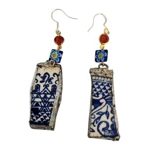 Silver Plated Blue Willow Broken China Earrings Inlaid Faceted Zircon